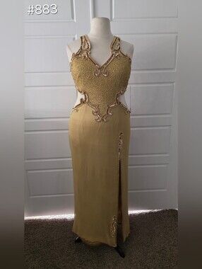 Silk Gold Beaded Formal Column Dress with Cut-outs